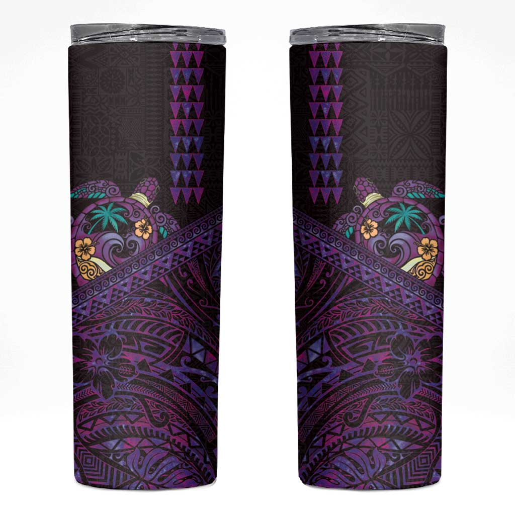 Hawaiian Abstract Sea Turtle Skinny Tumbler Polynesian Tapa Art and Kakau Tattoo Purple WaterColor LT03 Black - Polynesian Pride