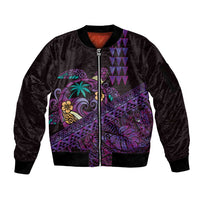Hawaiian Abstract Sea Turtle Sleeve Zip Bomber Jacket Polynesian Tapa Art and Kakau Tattoo Purple WaterColor LT03 Unisex Black - Polynesian Pride