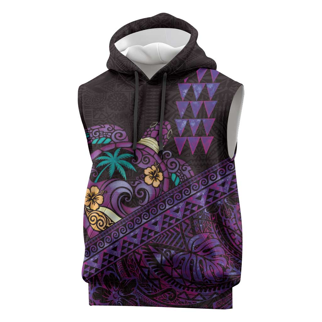 Hawaiian Abstract Sea Turtle Sleeveless Hoodie Polynesian Tapa Art and Kakau Tattoo Purple WaterColor - Polynesian Pride