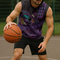 Hawaiian Abstract Sea Turtle Sleeveless Hoodie Polynesian Tapa Art and Kakau Tattoo Purple WaterColor LT03 - Polynesian Pride