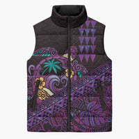 Hawaiian Abstract Sea Turtle Sleeveless Puffer Jacket Polynesian Tapa Art and Kakau Tattoo Purple WaterColor LT03 Unisex Black - Polynesian Pride