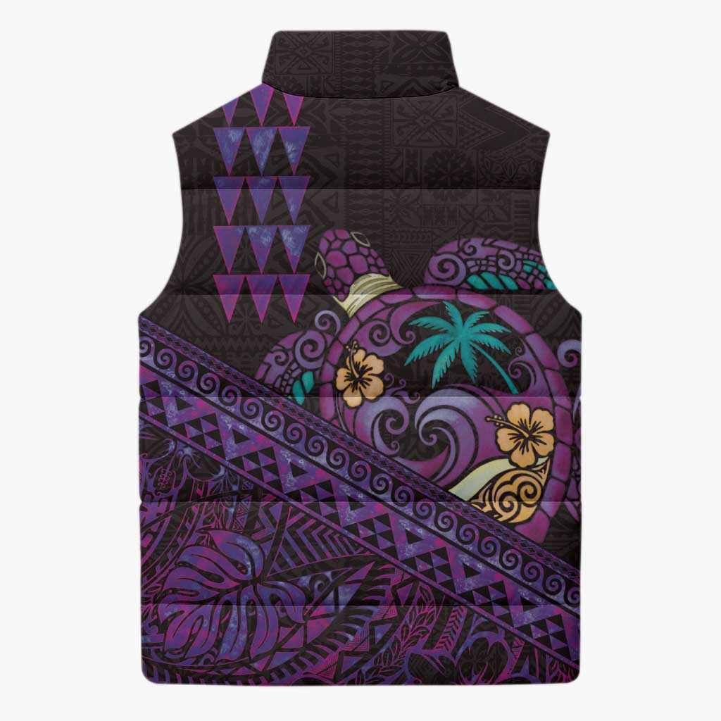 Hawaiian Abstract Sea Turtle Sleeveless Puffer Jacket Polynesian Tapa Art and Kakau Tattoo Purple WaterColor LT03 - Polynesian Pride