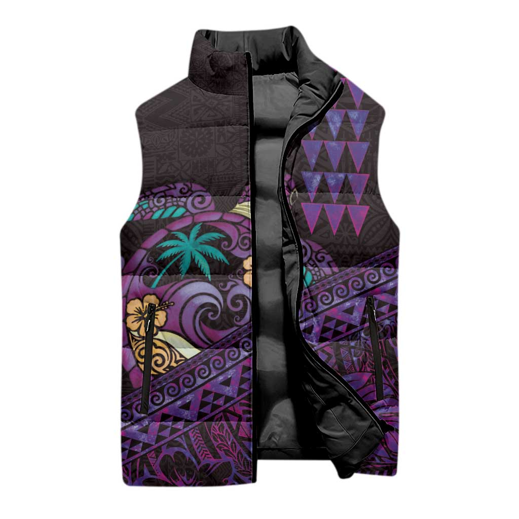 Hawaiian Abstract Sea Turtle Sleeveless Puffer Jacket Polynesian Tapa Art and Kakau Tattoo Purple WaterColor LT03 - Polynesian Pride
