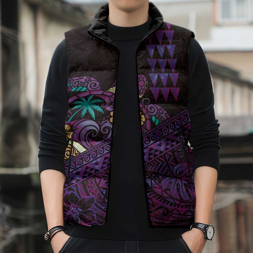 Hawaiian Abstract Sea Turtle Sleeveless Puffer Jacket Polynesian Tapa Art and Kakau Tattoo Purple WaterColor LT03 - Polynesian Pride