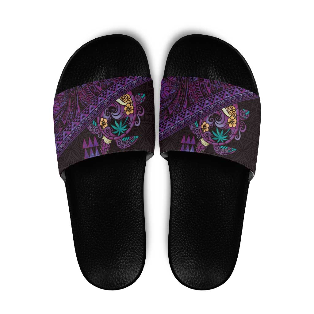Hawaiian Abstract Sea Turtle Slide Sandals Polynesian Tapa Art and Kakau Tattoo Purple WaterColor LT03 Black - Polynesian Pride