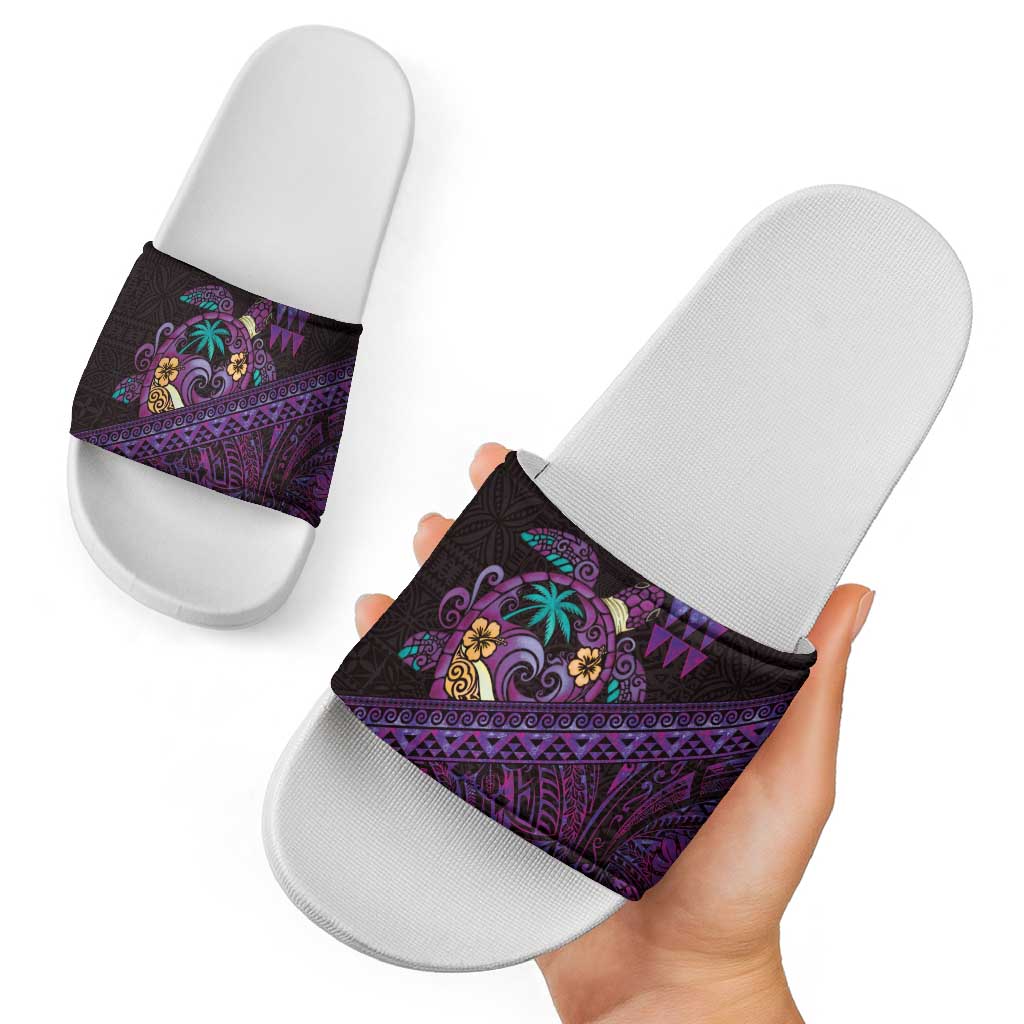 Hawaiian Abstract Sea Turtle Slide Sandals Polynesian Tapa Art and Kakau Tattoo Purple WaterColor LT03 - Polynesian Pride