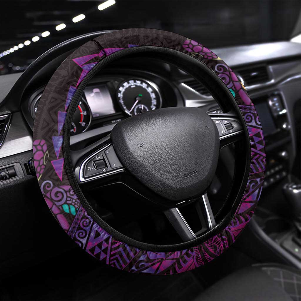 Hawaiian Abstract Sea Turtle Steering Wheel Cover Polynesian Tapa Art and Kakau Tattoo Purple WaterColor LT03 Universal Fit Black - Polynesian Pride