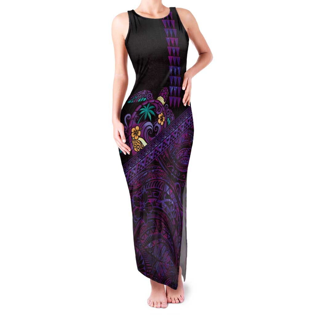 Hawaiian Abstract Sea Turtle Tank Maxi Dress Polynesian Tapa Art and Kakau Tattoo Purple WaterColor LT03 Women Black - Polynesian Pride