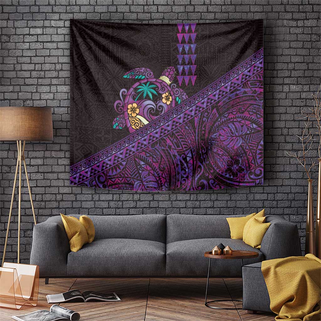 Hawaiian Abstract Sea Turtle Tapestry Polynesian Tapa Art and Kakau Tattoo Purple WaterColor LT03 Black - Polynesian Pride