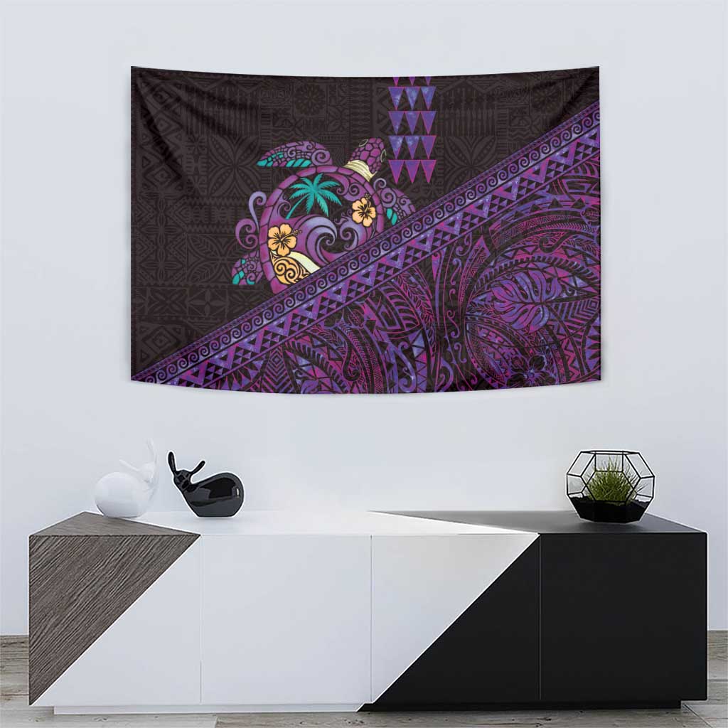 Hawaiian Abstract Sea Turtle Tapestry Polynesian Tapa Art and Kakau Tattoo Purple WaterColor LT03 - Polynesian Pride