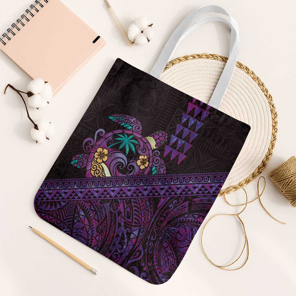 Hawaiian Abstract Sea Turtle Tote Bag Polynesian Tapa Art and Kakau Tattoo Purple WaterColor LT03 White Strap One Size Black - Polynesian Pride