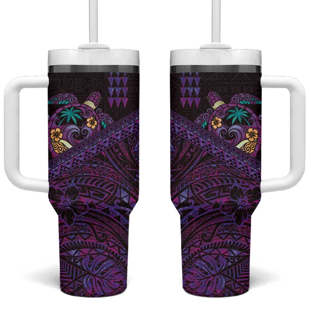 Hawaiian Abstract Sea Turtle Tumbler With Handle Polynesian Tapa Art and Kakau Tattoo Purple WaterColor LT03 One Size: 40 oz Black - Polynesian Pride