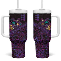 Hawaiian Abstract Sea Turtle Tumbler With Handle Polynesian Tapa Art and Kakau Tattoo Purple WaterColor LT03 One Size: 40 oz Black - Polynesian Pride