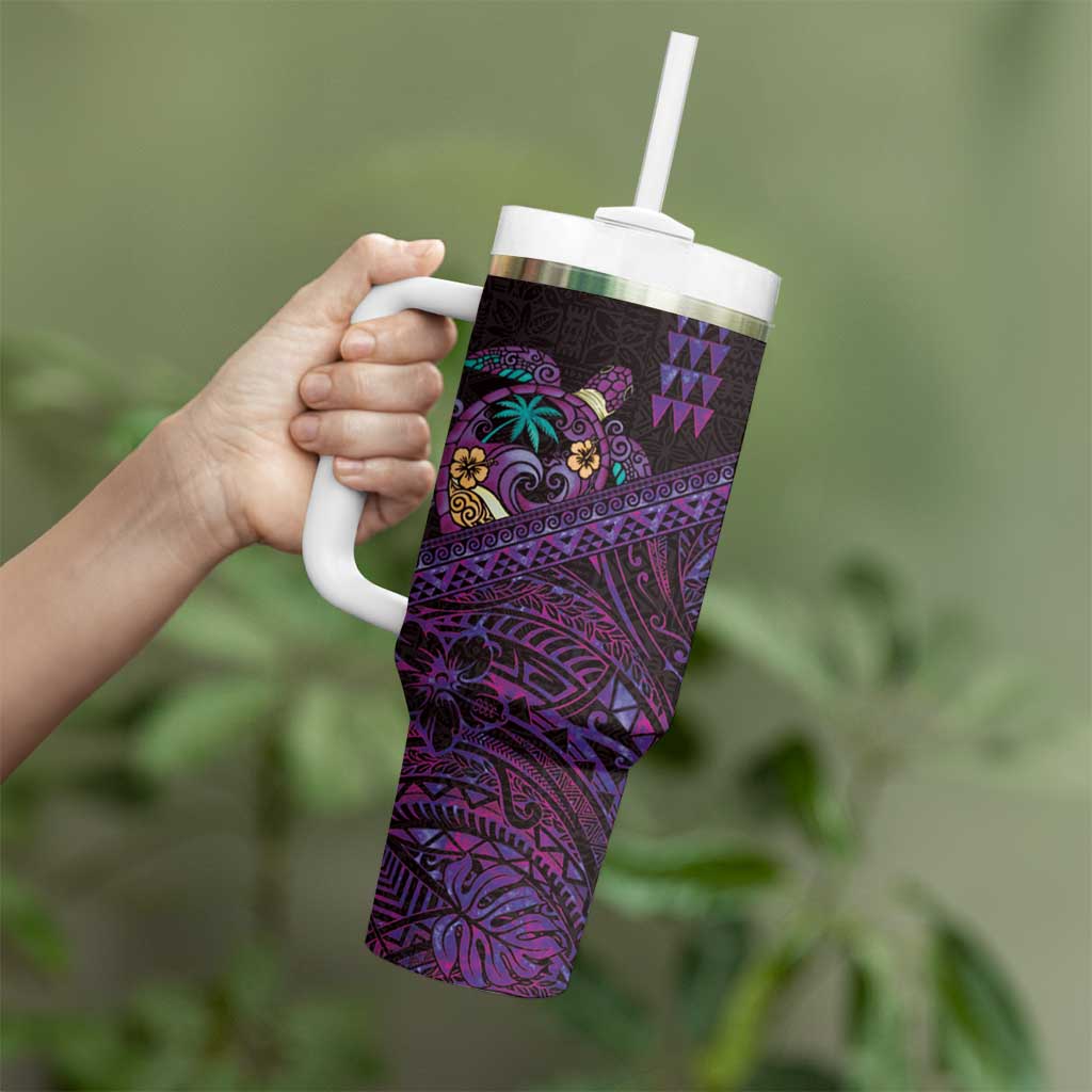 Hawaiian Abstract Sea Turtle Tumbler With Handle Polynesian Tapa Art and Kakau Tattoo Purple WaterColor LT03 - Polynesian Pride