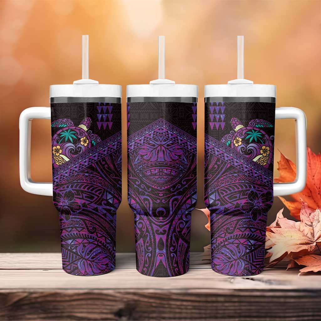 Hawaiian Abstract Sea Turtle Tumbler With Handle Polynesian Tapa Art and Kakau Tattoo Purple WaterColor LT03 - Polynesian Pride