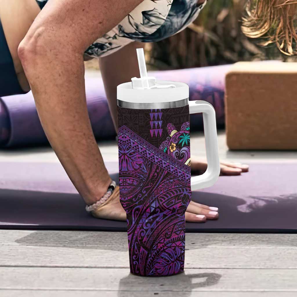 Hawaiian Abstract Sea Turtle Tumbler With Handle Polynesian Tapa Art and Kakau Tattoo Purple WaterColor LT03 - Polynesian Pride