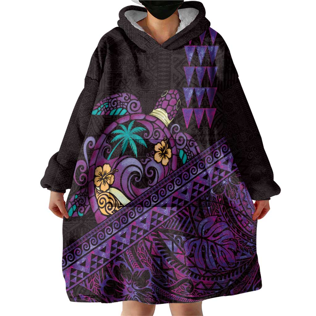 Hawaiian Abstract Sea Turtle Wearable Blanket Hoodie Polynesian Tapa Art and Kakau Tattoo Purple WaterColor LT03 - Polynesian Pride