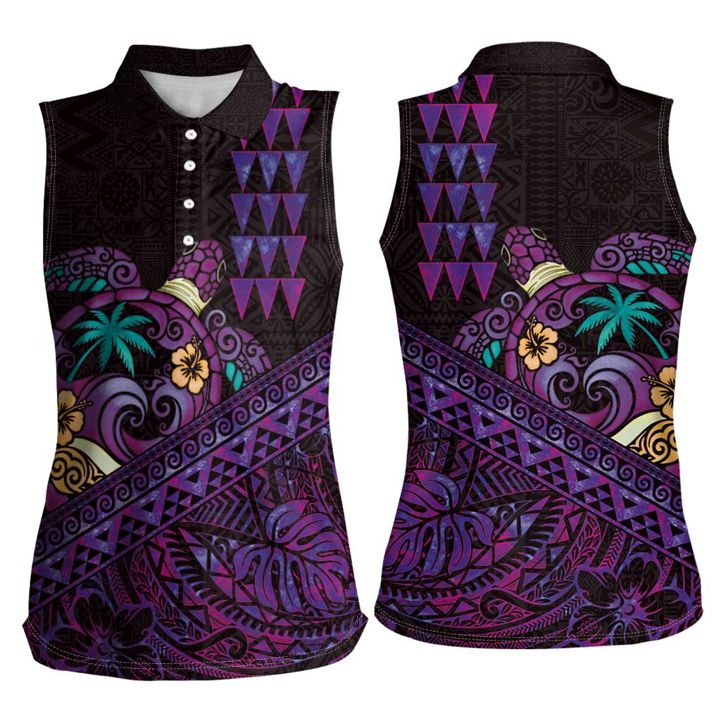 Hawaiian Abstract Sea Turtle Women Sleeveless Polo Shirt Polynesian Tapa Art and Kakau Tattoo Purple WaterColor LT03 - Polynesian Pride