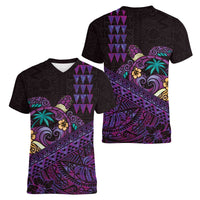 Hawaiian Abstract Sea Turtle Women V-Neck T-Shirt Polynesian Tapa Art and Kakau Tattoo Purple WaterColor LT03 - Polynesian Pride