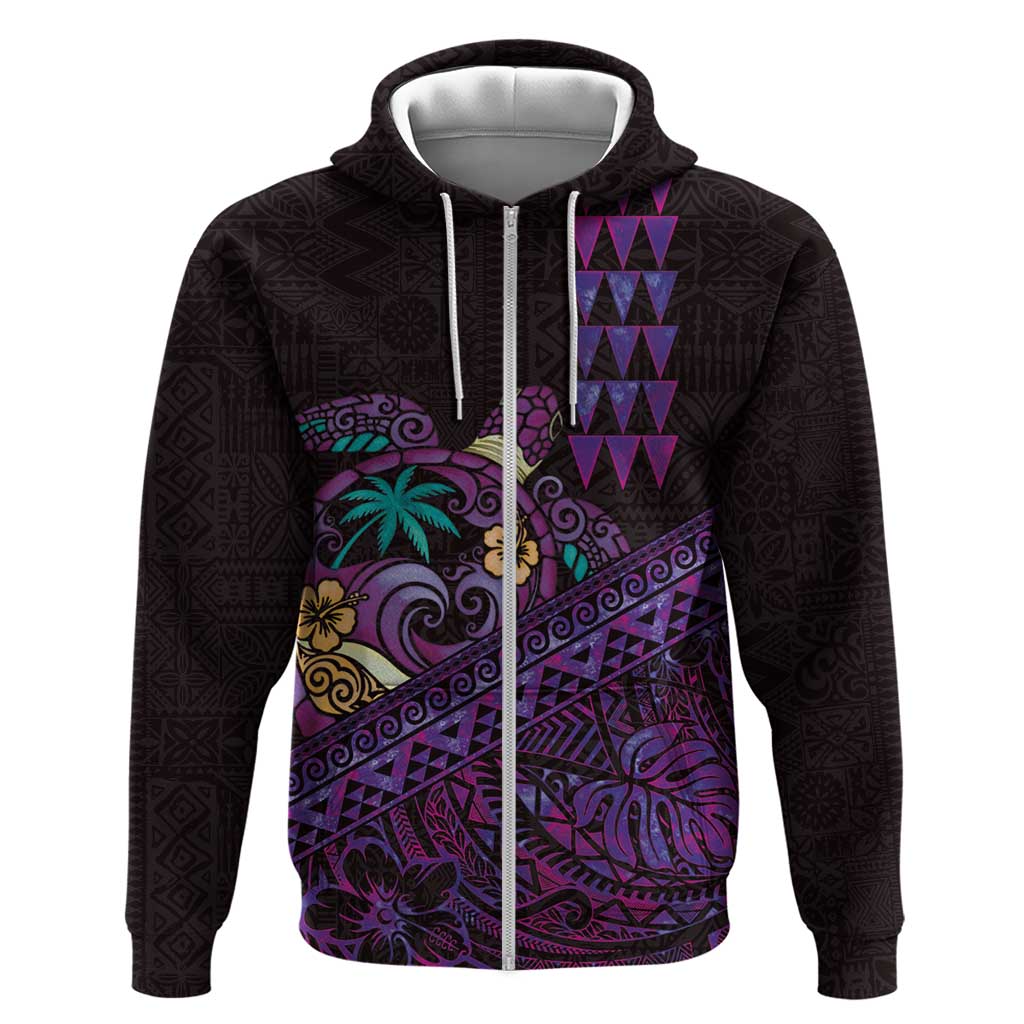 Hawaiian Abstract Sea Turtle Zip Hoodie Polynesian Tapa Art and Kakau Tattoo Purple WaterColor LT03 Zip Hoodie Black - Polynesian Pride