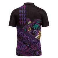 Hawaiian Abstract Sea Turtle Zipper Polo Shirt Polynesian Tapa Art and Kakau Tattoo Purple WaterColor LT03 - Polynesian Pride