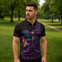 Hawaiian Abstract Sea Turtle Zipper Polo Shirt Polynesian Tapa Art and Kakau Tattoo Purple WaterColor LT03 - Polynesian Pride