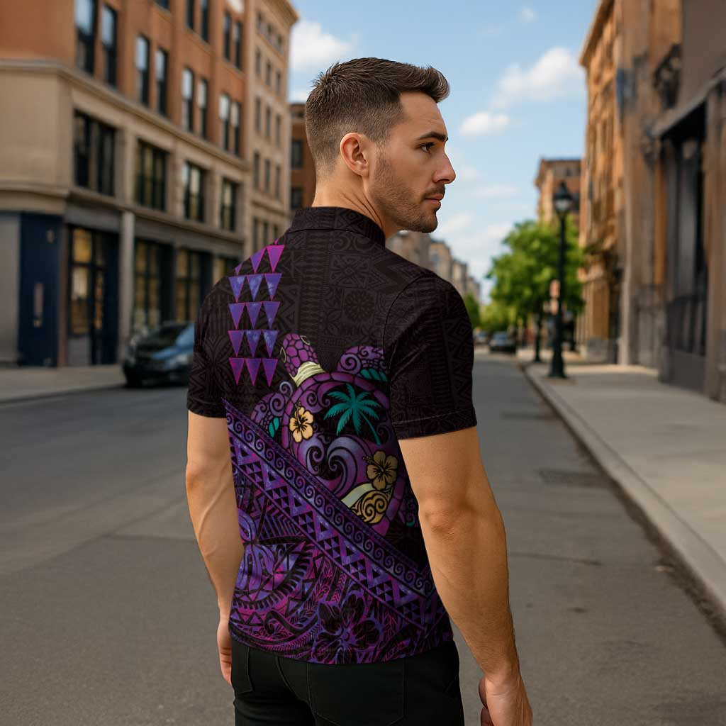 Hawaiian Abstract Sea Turtle Zipper Polo Shirt Polynesian Tapa Art and Kakau Tattoo Purple WaterColor LT03 - Polynesian Pride