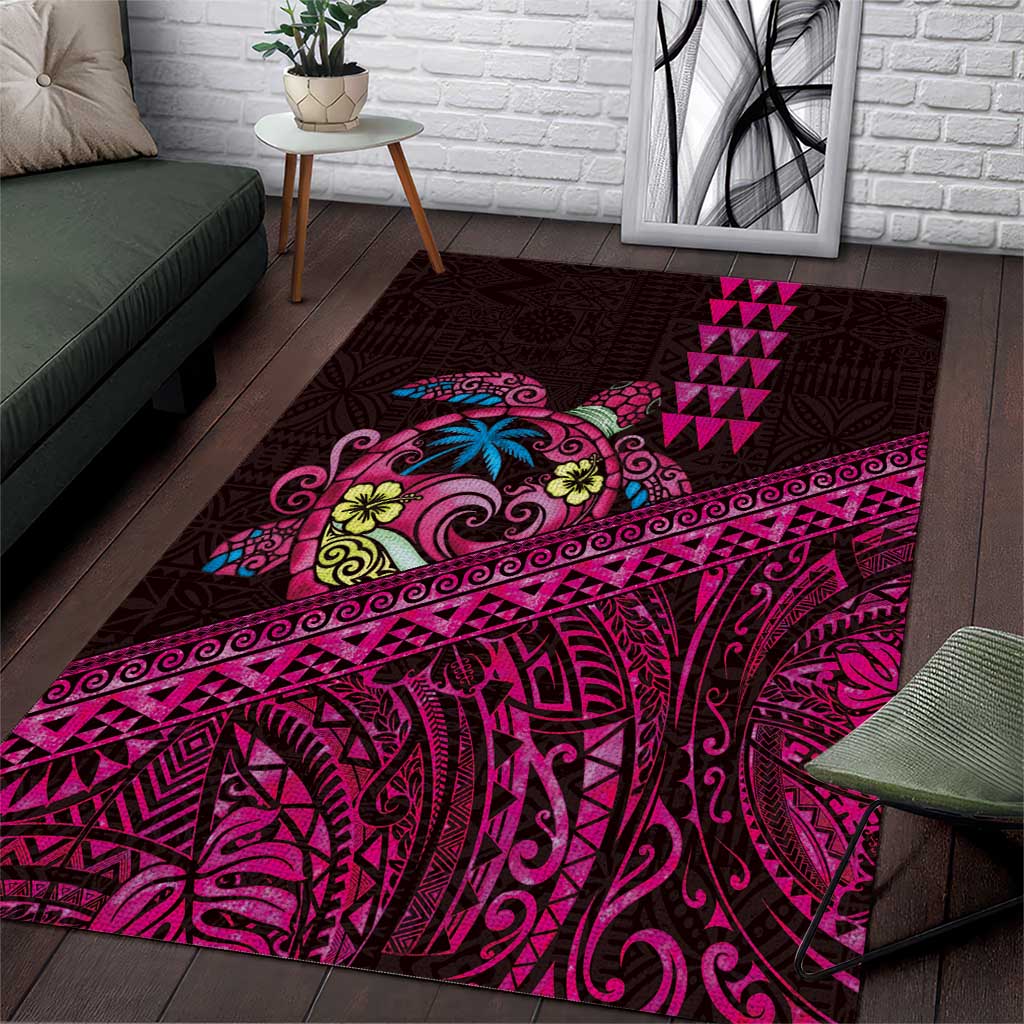 Hawaiian Abstract Sea Turtle Area Rug Polynesian Tapa Art and Kakau Tattoo Pink WaterColor LT03 Black - Polynesian Pride