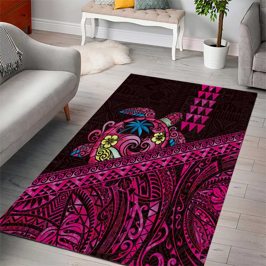 Hawaiian Abstract Sea Turtle Area Rug Polynesian Tapa Art and Kakau Tattoo Pink WaterColor LT03 - Polynesian Pride