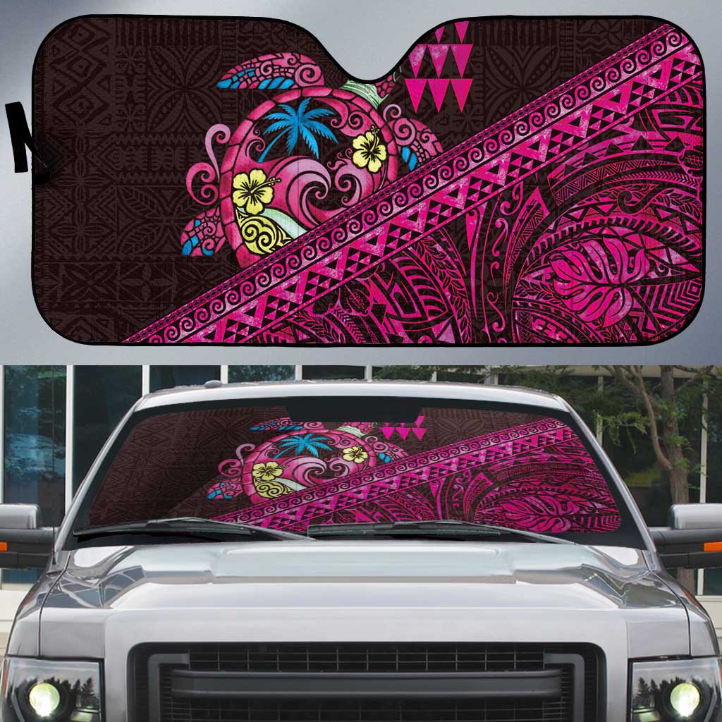 Hawaiian Abstract Sea Turtle Auto Sun Shade Polynesian Tapa Art and Kakau Tattoo Pink WaterColor LT03 Black - Polynesian Pride
