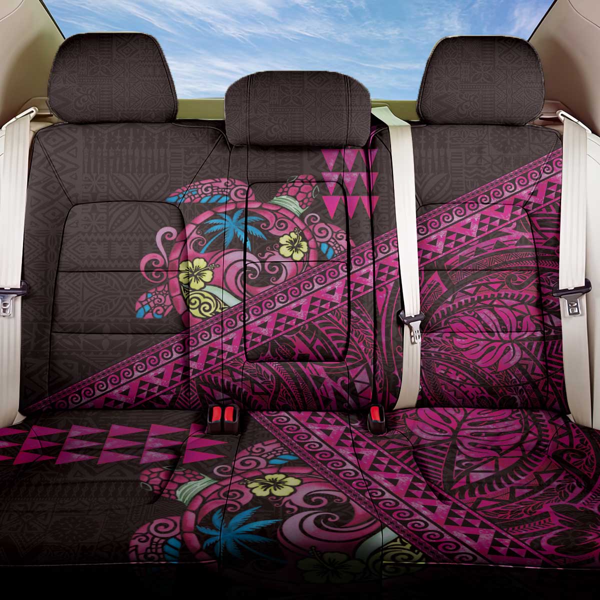 Hawaiian Abstract Sea Turtle Back Car Seat Cover Polynesian Tapa Art and Kakau Tattoo Pink WaterColor LT03 One Size Black - Polynesian Pride