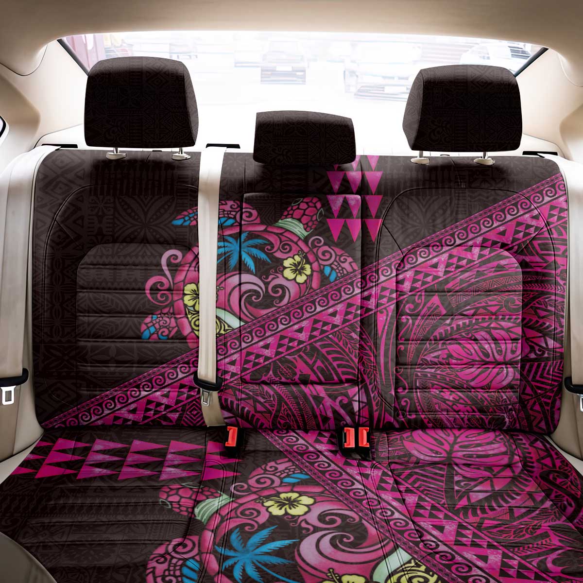 Hawaiian Abstract Sea Turtle Back Car Seat Cover Polynesian Tapa Art and Kakau Tattoo Pink WaterColor LT03 - Polynesian Pride