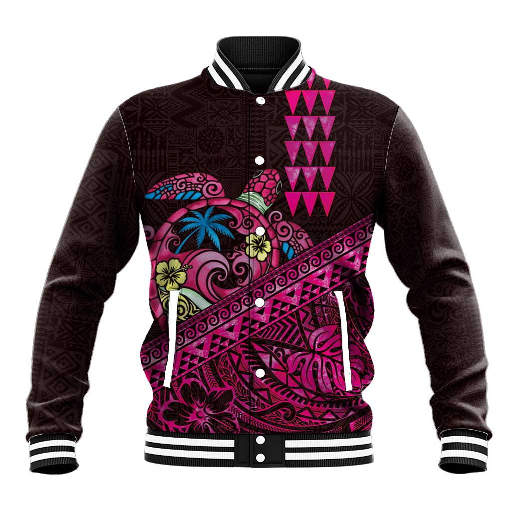 Hawaiian Abstract Sea Turtle Baseball Jacket Polynesian Tapa Art and Kakau Tattoo Pink WaterColor LT03 Unisex Black - Polynesian Pride