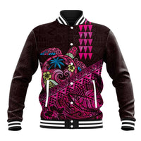 Hawaiian Abstract Sea Turtle Baseball Jacket Polynesian Tapa Art and Kakau Tattoo Pink WaterColor LT03 Unisex Black - Polynesian Pride