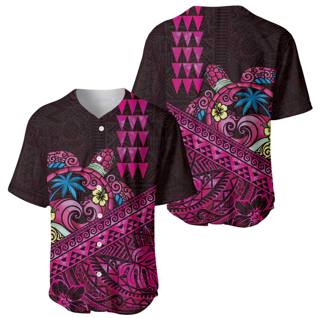 Hawaiian Abstract Sea Turtle Baseball Jersey Polynesian Tapa Art and Kakau Tattoo Pink WaterColor LT03 - Polynesian Pride