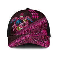 Hawaiian Abstract Sea Turtle Baseball Net Cap Polynesian Tapa Art and Kakau Tattoo Pink WaterColor LT03 One Size Black Black - Polynesian Pride