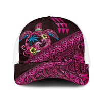 Hawaiian Abstract Sea Turtle Baseball Net Cap Polynesian Tapa Art and Kakau Tattoo Pink WaterColor LT03 One Size White Black - Polynesian Pride