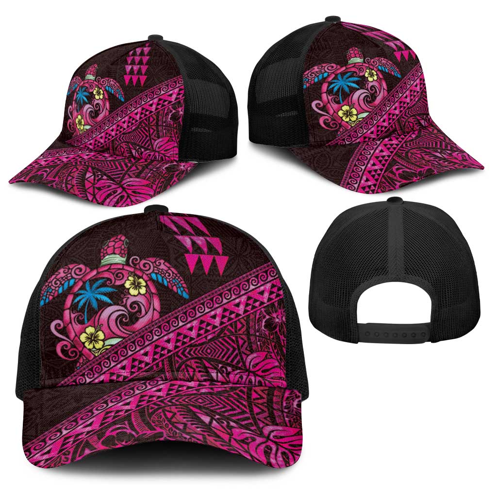 Hawaiian Abstract Sea Turtle Baseball Net Cap Polynesian Tapa Art and Kakau Tattoo Pink WaterColor LT03 - Polynesian Pride