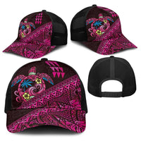 Hawaiian Abstract Sea Turtle Baseball Net Cap Polynesian Tapa Art and Kakau Tattoo Pink WaterColor LT03 - Polynesian Pride