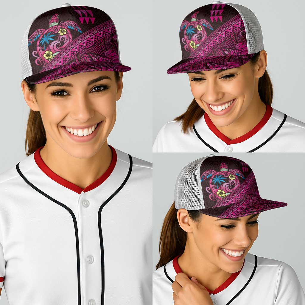 Hawaiian Abstract Sea Turtle Baseball Net Cap Polynesian Tapa Art and Kakau Tattoo Pink WaterColor LT03 - Polynesian Pride
