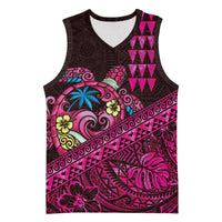 Hawaiian Abstract Sea Turtle Basketball Jersey Polynesian Tapa Art and Kakau Tattoo Pink WaterColor LT03 Unisex Black - Polynesian Pride
