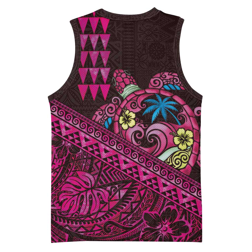Hawaiian Abstract Sea Turtle Basketball Jersey Polynesian Tapa Art and Kakau Tattoo Pink WaterColor LT03 - Polynesian Pride