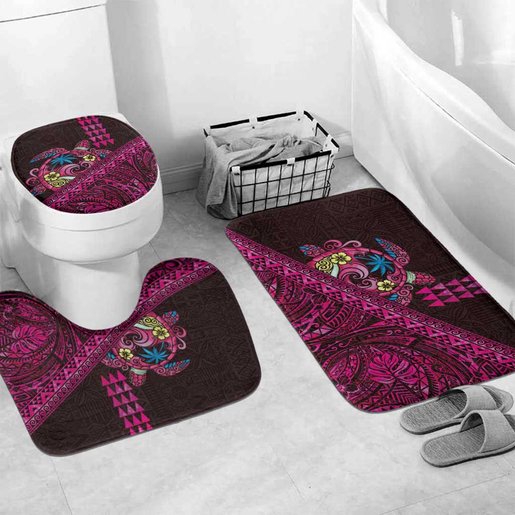 Hawaiian Abstract Sea Turtle Bathroom Set Polynesian Tapa Art and Kakau Tattoo Pink WaterColor LT03 Mat Set Only (3 pcs) One Size Black - Polynesian Pride
