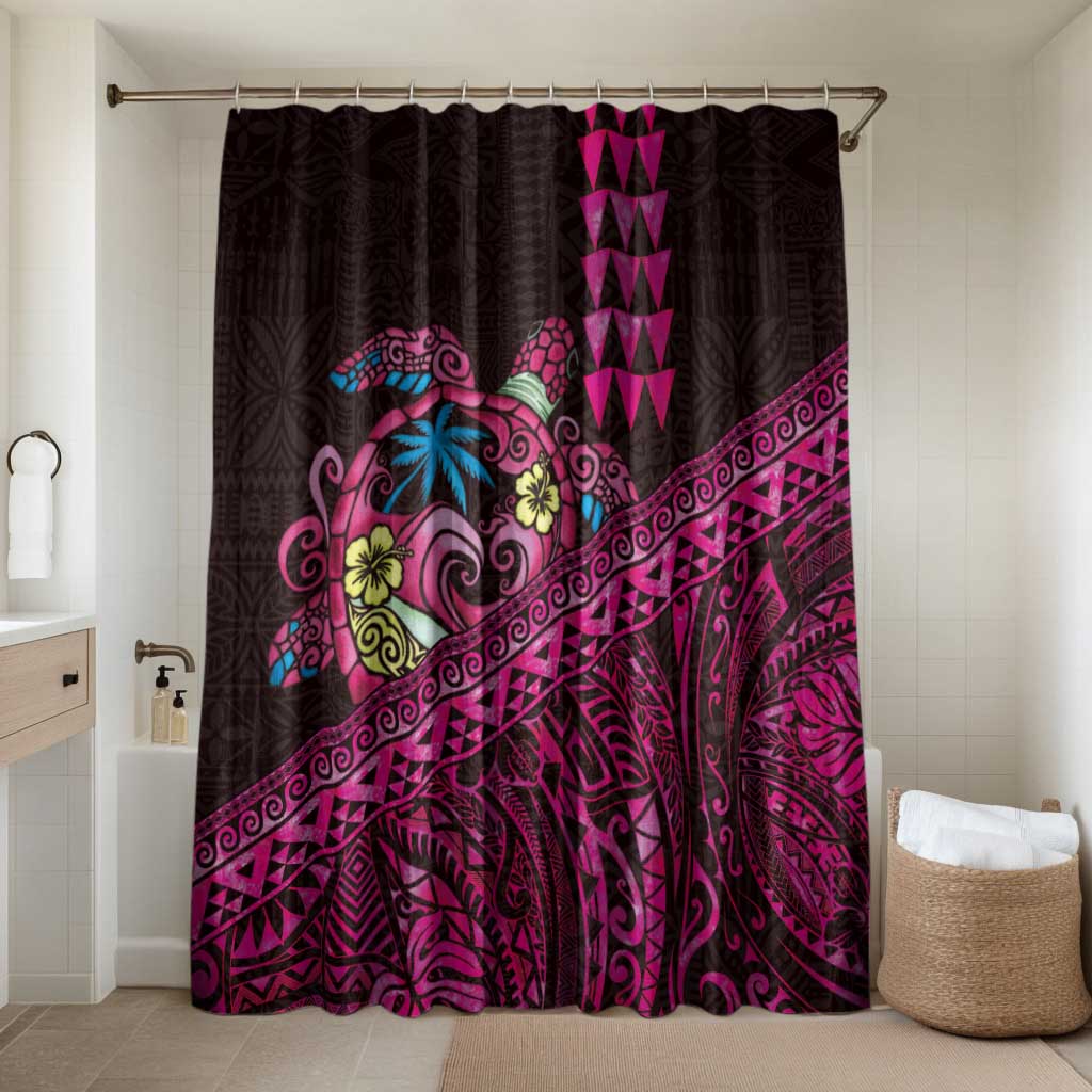 Hawaiian Abstract Sea Turtle Bathroom Set Polynesian Tapa Art and Kakau Tattoo Pink WaterColor LT03 Shower Curtain Only Black - Polynesian Pride
