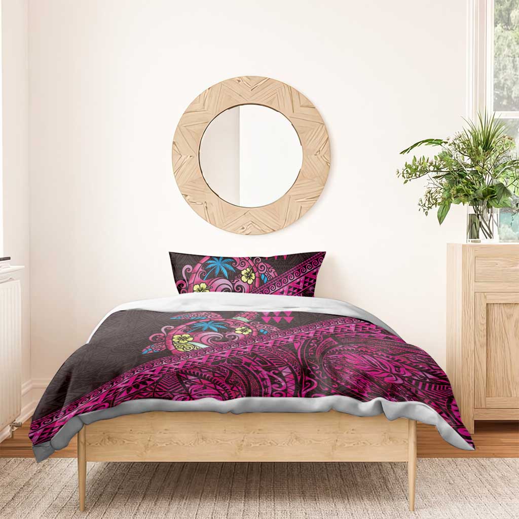 Hawaiian Abstract Sea Turtle Bedding Set Polynesian Tapa Art and Kakau Tattoo Pink WaterColor - Polynesian Pride