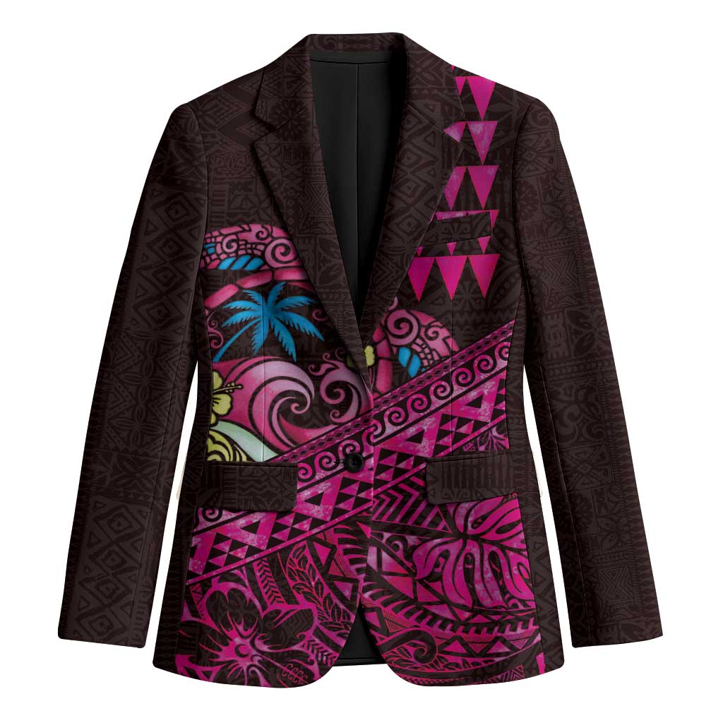 Hawaiian Abstract Sea Turtle Blazer Polynesian Tapa Art and Kakau Tattoo Pink WaterColor LT03 Unisex Black - Polynesian Pride