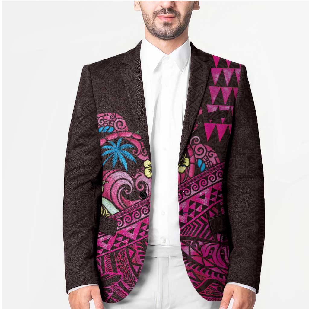 Hawaiian Abstract Sea Turtle Blazer Polynesian Tapa Art and Kakau Tattoo Pink WaterColor LT03 - Polynesian Pride