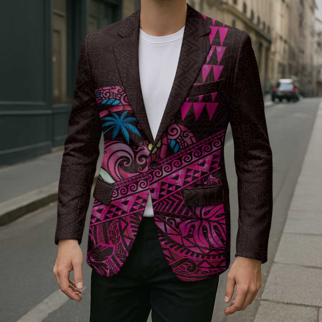 Hawaiian Abstract Sea Turtle Blazer Polynesian Tapa Art and Kakau Tattoo Pink WaterColor LT03 - Polynesian Pride