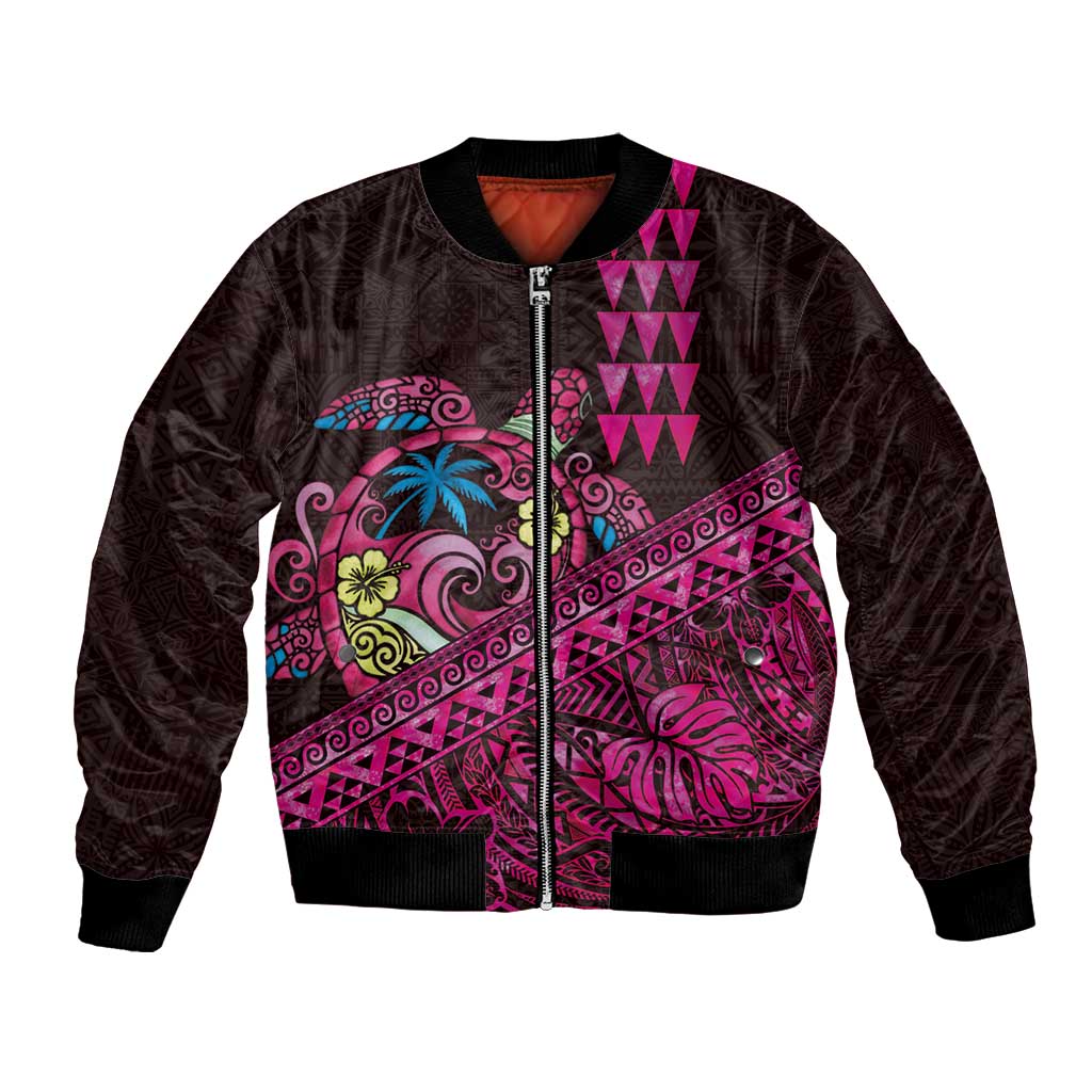 Hawaiian Abstract Sea Turtle Bomber Jacket Polynesian Tapa Art and Kakau Tattoo Pink WaterColor LT03 Unisex Black - Polynesian Pride