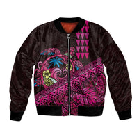 Hawaiian Abstract Sea Turtle Bomber Jacket Polynesian Tapa Art and Kakau Tattoo Pink WaterColor LT03 Unisex Black - Polynesian Pride
